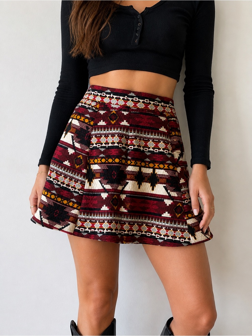 Boho Aztec Print Mini Skirt in Burgundy cream southwestern miniskirt, Y2K - XS